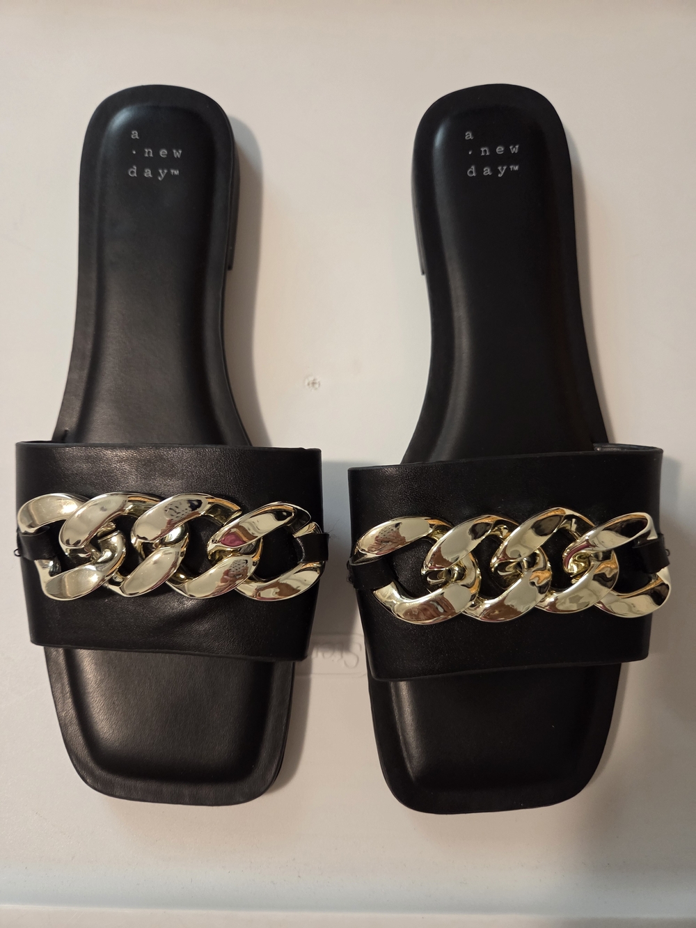 a new day Black Slide Sandals with Bold Gold Chain
